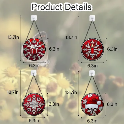 Vista 6 de DASTOLL Juego de 4 Piezas de Decoración Colgante para Ventana de Vidrio Manchado Rojo Temática de Navidad 16 cm - Atrapasoles para Puerta, Jardín