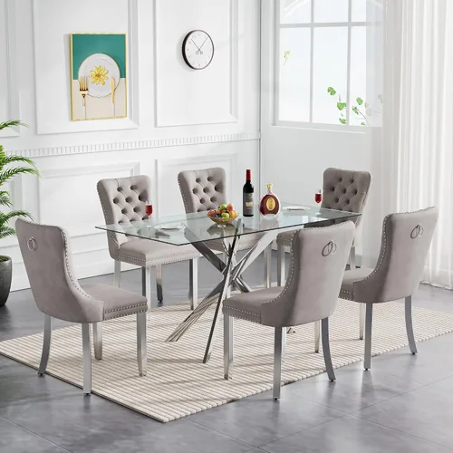 Vista 15 de Juego de mesa de comedor de cristal para cocina de 4, 5 piezas, mesa de comedor rectangular de 51 pulgadas con 4 sillas de cocina de terciopelo