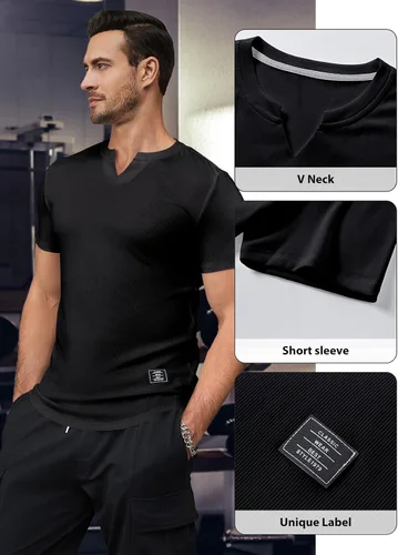 Vista 4 de JMIERR Camiseta ajustada para hombre con cuello en V y cuello en V, camiseta Henley para gimnasio, entrenamiento, atlética