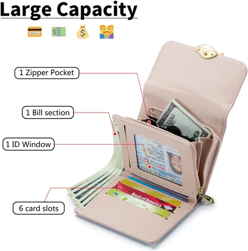 Vista 3 de Cartera pequeña para mujer con bloqueo RFID, de piel sintética, colgante de hoja, organizador de tarjetas, monedero con cremallera, APúrpura-S