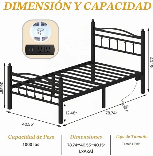 Vista 2 de Jenmit - Marcos de cama individual con cabecero, marco de cama LED con estación de carga, plataforma de metal, almacenamiento debajo de la cama, sin