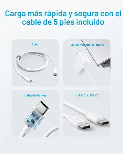Vista 5 de Anker Cargador para portátil, cargador USB C plegable compacto de 100 W con cable de 5 pies