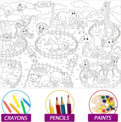 Vista 3 de Póster gigante para colorear de animales del zoológico para niños, mantel grande para colorear, rollo de actividad, papel de dibujo, hojas