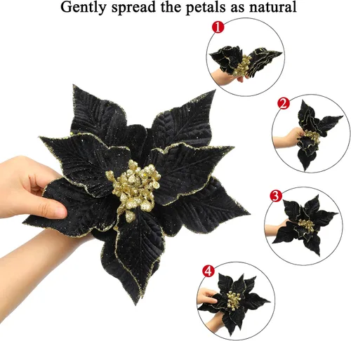 Vista 3 de SHACOS 10 piezas de 9.8 pulgadas de flores de Pascua grandes con purpurina para tallos de tela de terciopelo, flores florales, flores de Navidad