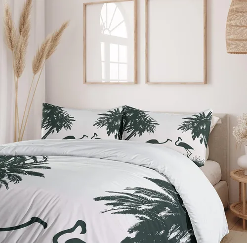 Vista 6 de Ambesonne Juego de funda de edredón natural, pájaros flamencos y palmeras en Miami, exóticos paisajes naturales tropicales, juego de ropa de cama