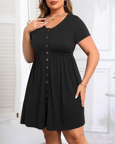 Vista 91 de Holipick Vestidos de verano para mujer, talla grande, casual, con bolsillos, acampanado, con botones, sin mangas, cuello en V