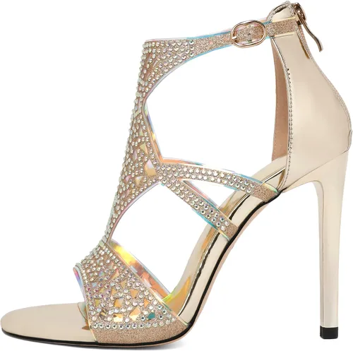Vista 2 de Zamikoo Sandalias de tacón para mujer, puntera abierta, tacones de diamantes de imitación, tacones de gladiador recortados, tacones de aguja