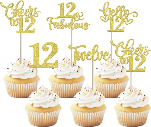 Vista 54 de 30 piezas de adornos para cupcakes de 12 cumpleaños feliz, brillantes doce, hola 12, felicitaciones a 12 años, adornos para cupcakes, 12