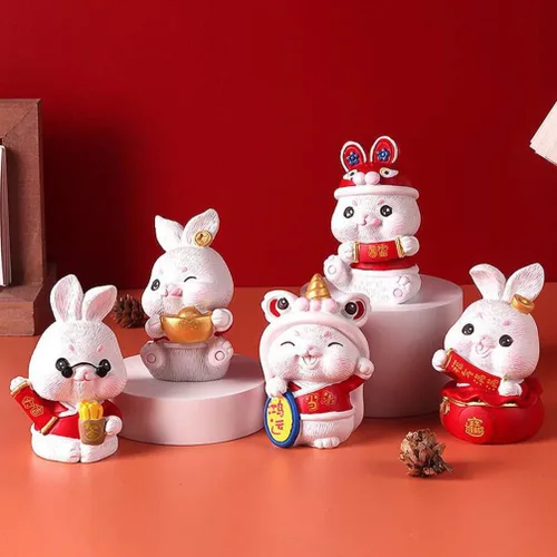 Vista 2 de 3 figuras de conejo del zodiaco chino en miniatura, estatuas de conejo, año de conejo, Fengshui, árbol de dinero, adorno para Año Nuevo, hogar