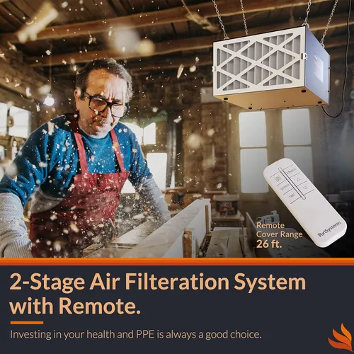 Vista 2 de Sistema de filtración de aire remoto de 3 velocidades PURISYSTEMS, filtro de aire colgante PuriCare 500 con control remoto RF para carpintería