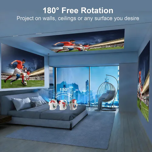 Vista 5 de Mini proyector con WiFi y Bluetooth, proyector de películas para techo de dormitorio 4K Supported, 180° Rotatable, Built-in Apps, Auto Keystone &