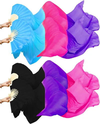 Vista 10 de Qunclay 2 pares de velos de seda artificial de bambú para danza del vientre de 5.9 ft/5.91 pies, abanicos de velos de seda artificial de danza