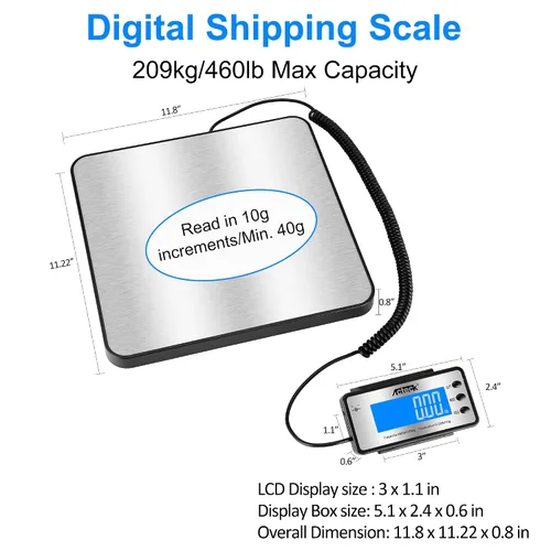 Vista 5 de Báscula digital postal de envío ACTECK, 208,6 kg x 0,45 g de alta precisión con plataforma de acero inoxidable, retroiluminación LCD, cuatro modos