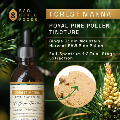 Vista 4 de RAW Forest Foods Forest Manna - Tintura de polen de pino real, extracción 1:2 verdadera de doble etapa, polen de pino puro, solo en botella de 2