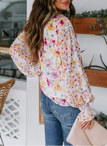 Vista 2 de Biucly - Camisas sueltas con cuello en V con estampado floral y manga larga para mujer, estilo bohemio