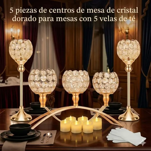 Vista 2 de Portavelas de cristal dorado decorativos con candelabro de 3 brazos, soporte para velas, pieza central de mesa, decoración para mesa de comedor