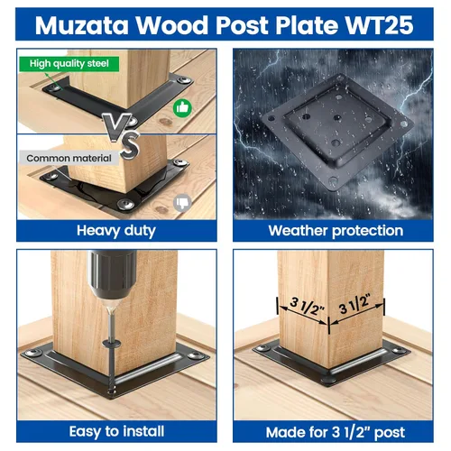 Vista 3 de Muzata Paquete de 4 conectores de placa de poste de madera de 3.5 x 3.5 pulgadas, placa base de poste de cubierta, valla de madera, barandilla
