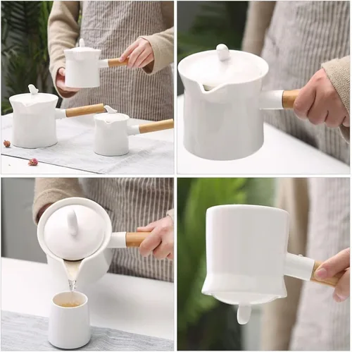Vista 7 de Cabilock Cacerola de cerámica con mango de madera, calentador de mantequilla, mini olla de cocina para leche, té, café, comida para bebés