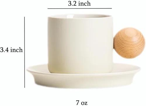 Vista 6 de Sizikato Juego de taza y platillo de porcelana con mango de bola de madera, taza de café de 7 onzas