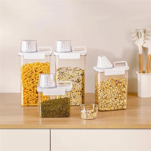 Vista 6 de 2 recipientes de almacenamiento dispensadores de arroz, cubo de arroz pequeño de 1.1 L con taza medidora y boquilla de vertido, recipiente hermético