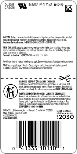 Vista 2 de Duracell Batería de litio 2016, 1 unidad (paquete de 1), características de seguridad infantil. Batería de moneda de litio para llavero, control