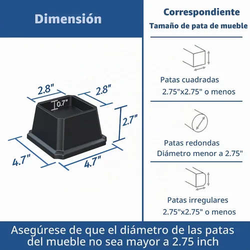Vista 6 de Elevadores de cama de 2 pulgadas, resistentes, para muebles, juego de 8, color negro Negro (paquete de 8)