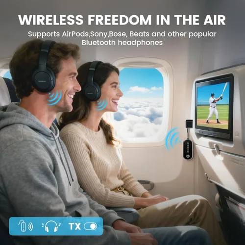Vista 2 de Transmisor y receptor Bluetooth 5.4 de doble enlace para avión, adaptador Bluetooth 2 en 1, receptor inalámbrico de viaje para avión, adaptador