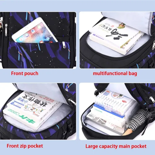 Vista 5 de CUSALBOY Bolsas escolares de tela Oxford para niños, mochila de viaje con seis ruedas y patrón de dinosaurio, Azul 1, Mochila con ruedas