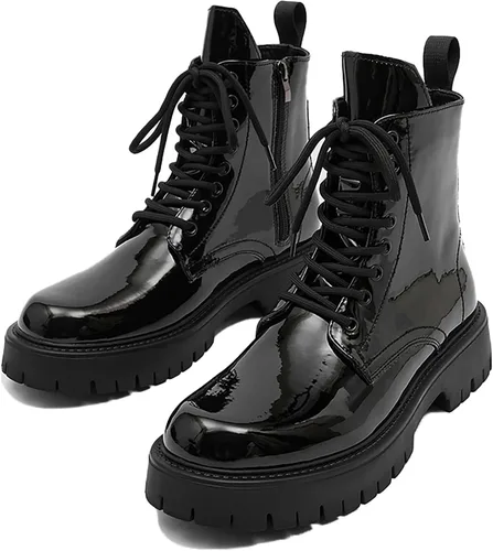 Vista 8 de Botas de combate con plataforma de charol negro para hombre, puntera ancha, con cordones, suela con cremallera lateral, antideslizantes, botas