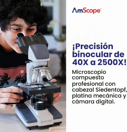 Vista 2 de AmScope Serie B120 Microscopio compuesto binocular LED para estudiantes y profesionales - Aumento 40X a 2500X - Incluye cámara USB 2.0 de 0.3MP