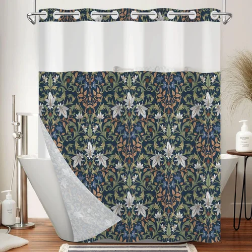 Vista 18 de No Hook Geometric Shower Curtain with Snap in Liner - 71″W x 74″L Waterproof Fabric with Mesh Top Window, Modern Abstract Triangle Design Bath