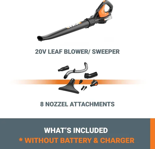 Vista 6 de WORX WG545.9 Soplador de hojas inalámbrico de 20V, sopladores eléctricos para el cuidado del césped con 120 MPH y 2.7 libras, diseño de boquilla