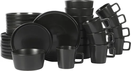 Vista 9 de Gibson Home Dempsey Road - Juego de vajilla de gres de 12 piezas – Servicio para 4, platos y cuencos redondos negros, juego moderno de platos