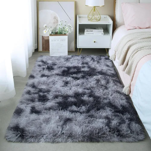 Vista 75 de KICHOWUA - Tapete grueso y esponjoso de 3 x 5 pies, color negro, ultrasuave, lavable, antideslizante, acogedor y peludo, para sala, dormitorio