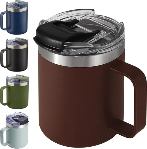 Vista 36 de Taza de café aislada de 12 onzas con asa, taza de café de viaje de acero inoxidable con tapa abatible, vaso de café de doble pared con aislamiento