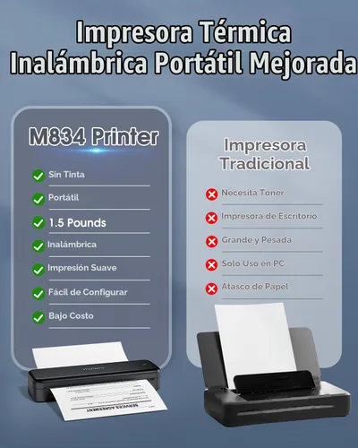 Vista 2 de Phomemo M834 Impresora Portátil Inalámbrica para Viajes Actualizada, Impresora Térmica Bluetooth 8.5" x 11" & A4, Compatible con iOS, Android y PC