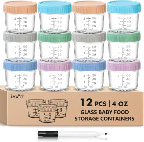 Vista 9 de DRKIO Paquete de 12 recipientes de vidrio para almacenamiento de alimentos para bebés - Frascos de comida para bebés de 4 y 8 onzas con tapas 4 oz