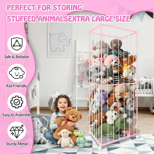 Vista 4 de Almacenamiento de animales de peluche, tubo de metal extra grande organizador de almacenamiento de juguetes con ruedas de freno, soporte