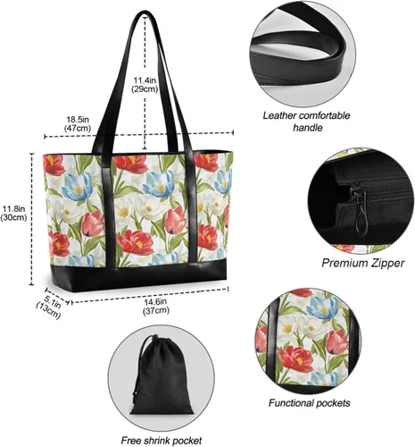 Vista 6 de Spring Flowers White Red Simple Computer Tote with Zipper Structured Tote for Teacher with Lunch maletin ejecutivo para mujer