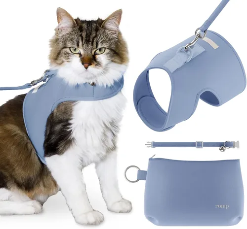 Vista 9 de Juego de arnés para gatos, collar y correa – Chaleco de arnés de velcro ajustable sin estrangulamiento para gatos y gatitos (algodón azul, S)