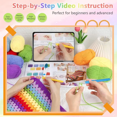 Vista 2 de Kit de manta de ganchillo Reessy para principiantes, kit de ganchillo fácil para principiantes adultos y niños con instrucciones paso a paso