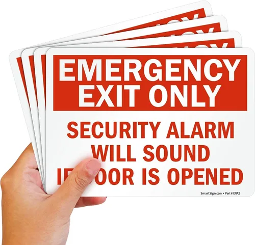 Vista 9 de SmartSign Letrero de metal con texto en inglés «Emergency Exit Only – Security Alarm Will Sound If Door Is Opened», aluminio de 63 mil