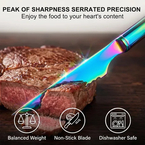 Vista 2 de Paquete de 6 cuchillos de carne de acero inoxidable arcoíris, iridiscentes dentados afilados para mesa de cocina