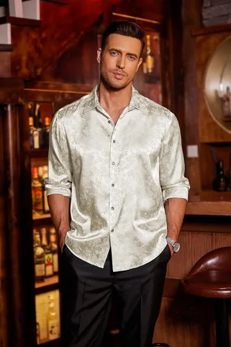 Vista 2 de COOFANDY - Camisas de vestir de seda de satén para hombre, con manga larga, diseño jacquard floral, botones, para fiesta, graduación y boda