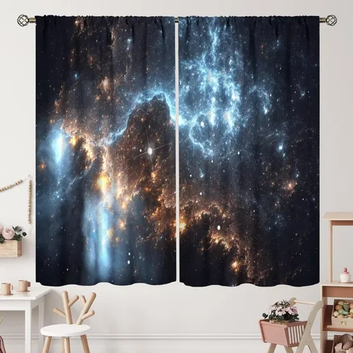 Vista 28 de Cortinas de planeta galaxia, espacio exterior, universo, nebulosa, estrellas, cielo estrellado, con bolsillo para cortinero, para sala de estar