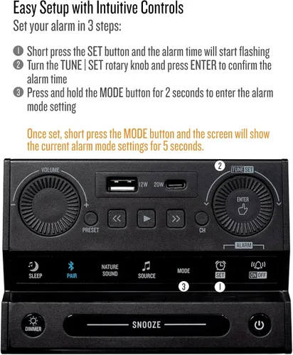 Vista 6 de Soundfreaq Sound Rise II, SFQ-16: Radio despertador de cabecera y bocina Bluetooth, con pantalla grande, radio FM, carga USB rápida y sonido
