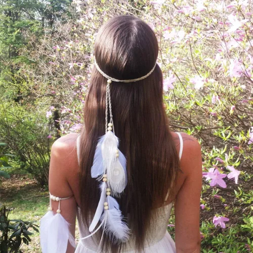 Vista 2 de Diadema de plumas hippie indio bohemio con borlas estilo bohemio para Halloween diadema para el cabello accesorios para el cabello