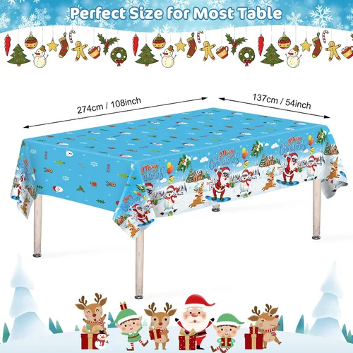 Vista 3 de 3 piezas de mantel de Navidad - Mantel de plástico de Papá Noel genial para Navidad, mantel rectangular desechable azul y blanco para decoración