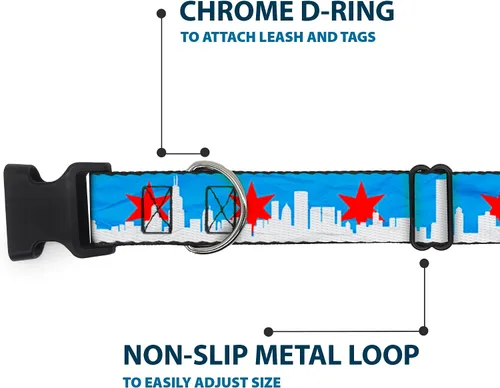 Vista 5 de Buckle-Down Collar de clip de plástico, diseño de Chicago Skyline/Flag Distressed Black/White/Red – 1 pulgada de ancho – Se adapta a cuello de 9 a