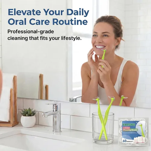 Vista 6 de RAZOKO Kit de hilo dental de mango largo (1 mango verde + 120 recambios) Púas de hilo dentales extra fuertes resistentes a la rotura para dientes